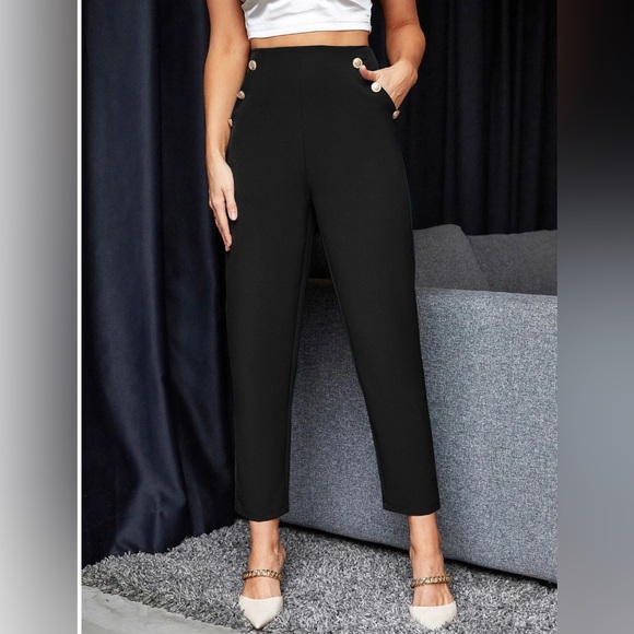 Pants - Black High Waist Gold Button Cropped Pants